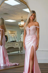 Mermaid Off Shoulder Pink Prom Dress With Appliques PSK575