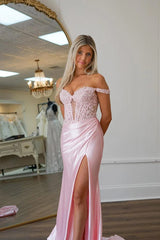 Mermaid Off Shoulder Pink Prom Dress With Appliques PSK575