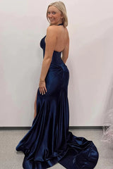 Navy Blue Halter Mermaid Long Prom Dress with Slit PSK525