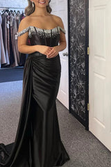 Off-Shoulder Mermaid Black Long Prom Dress With Beading PSK611