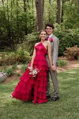 Pretty Halter Neck Ruffle Fuchsia Long Prom Dress PSK577