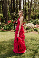 Pretty Halter Neck Ruffle Fuchsia Long Prom Dress PSK577