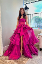 Strapless A-line Corset Fuchsia Long Prom Dress With Split PSK595
