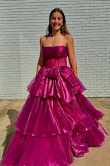 Strapless A-line Corset Fuchsia Long Prom Dress With Split PSK595