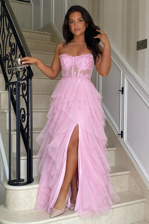 A-Line Ruffles Appliques Corset Pink Long Prom Dress with Slit PSK604