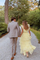 A Line Princess Tulle Layered Yellow Long Prom Dress PSK599