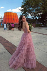 A Line Sweetheart Layered Tulle Rose Pink Long Prom Dress PSK600