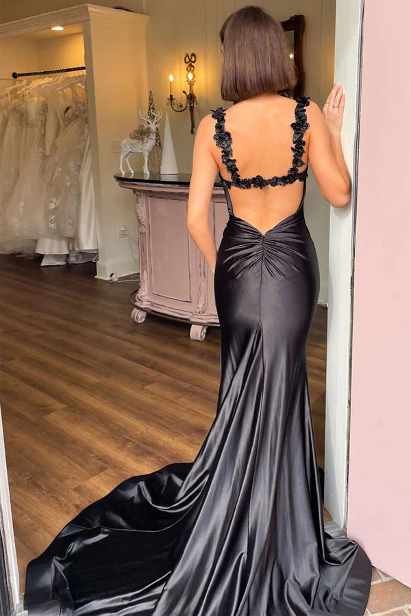 Satin Floral Mermaid Black Long Prom Dress Formal Dress PSK527