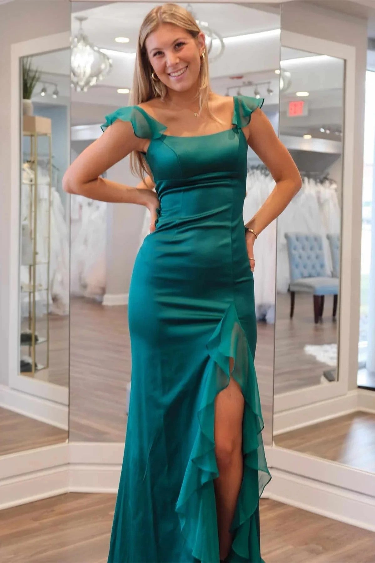 Mermaid Straps Scoop Pleated High Slit Green Long Prom Dress PSK612