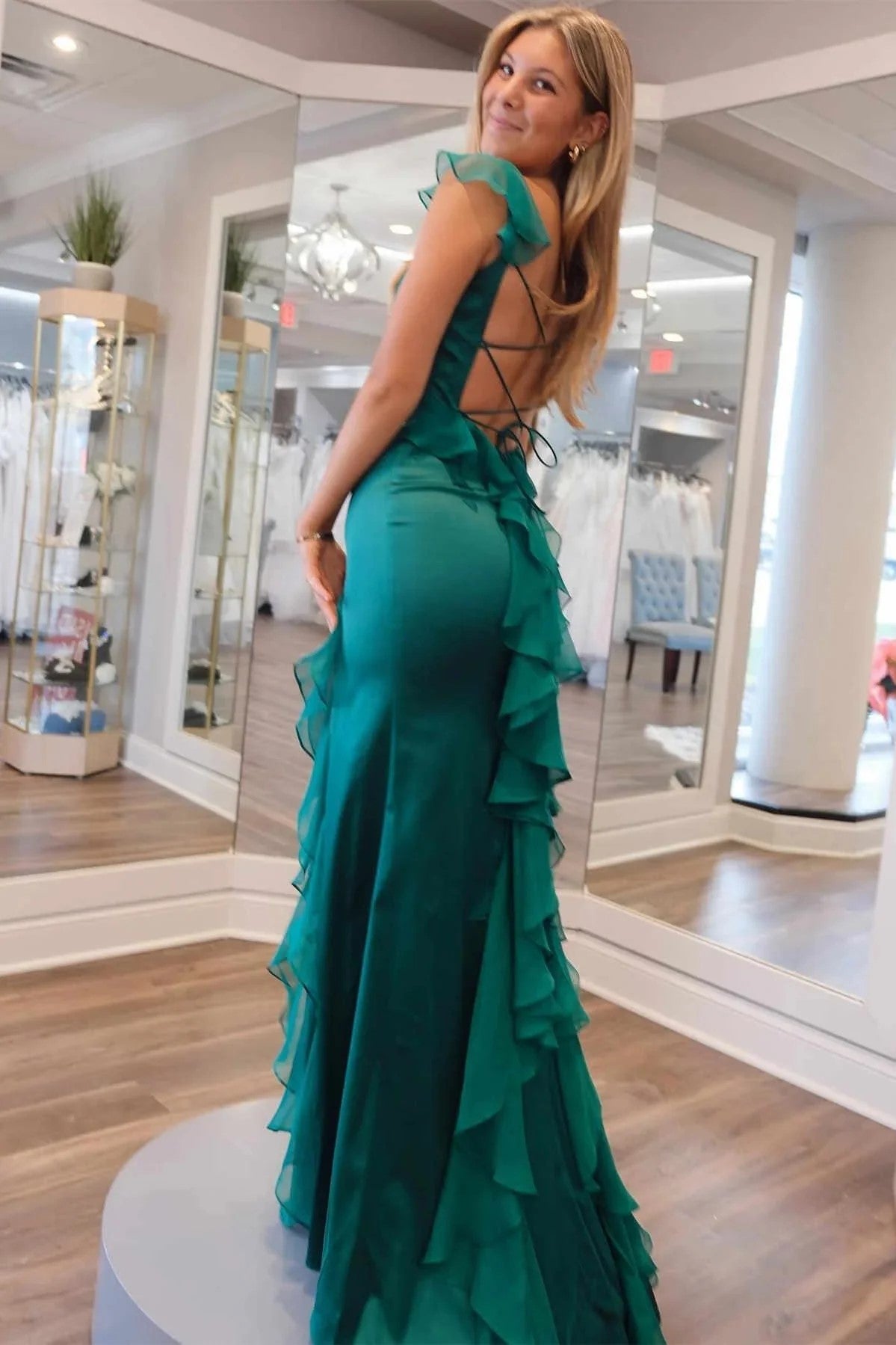 Mermaid Straps Scoop Pleated High Slit Green Long Prom Dress PSK612