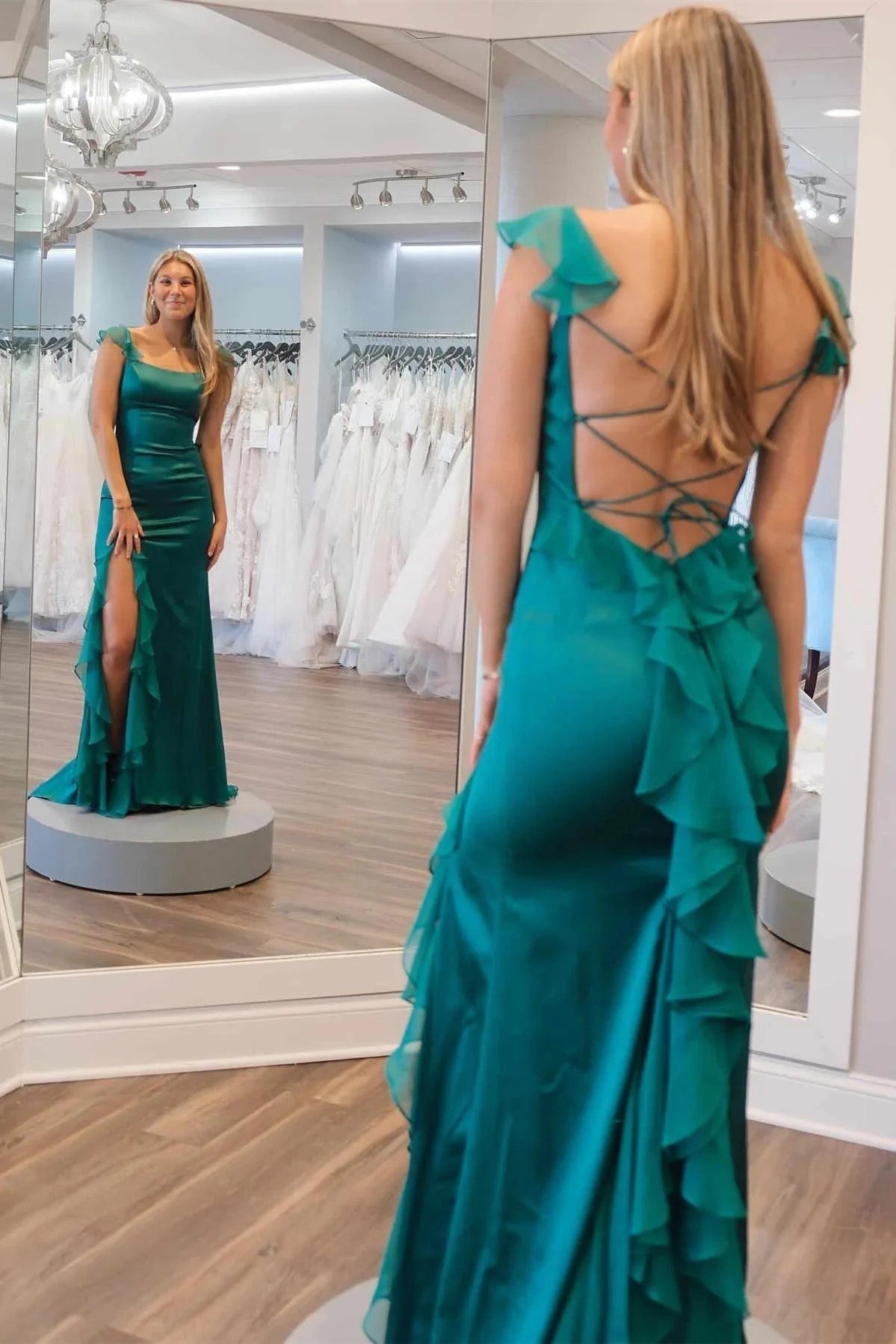 Mermaid Straps Scoop Pleated High Slit Green Long Prom Dress PSK612