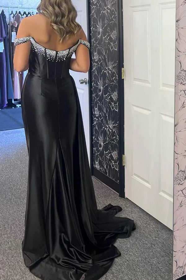 Off-Shoulder Mermaid Black Long Prom Dress With Beading PSK611
