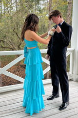 Pretty Cutouts Tiered Chiffon Blue Prom Dress Party Dress PSK610