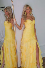 Ruched Ruffle Fitted Yellow Long Prom Dress with Slit  PSK576