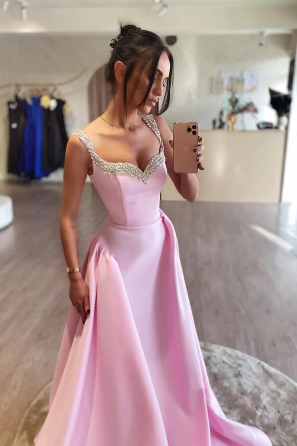 Simple A Line Pink Satin Long Prom Dresses with Beadings PSK562