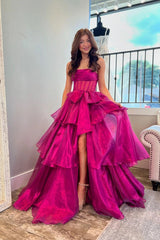Strapless A-line Corset Fuchsia Long Prom Dress With Split PSK595