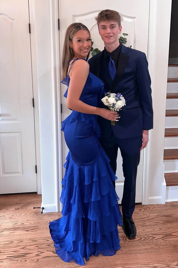 Straps Mermaid Ruffle Tiered Green Long Prom Dress With Slit PSK609