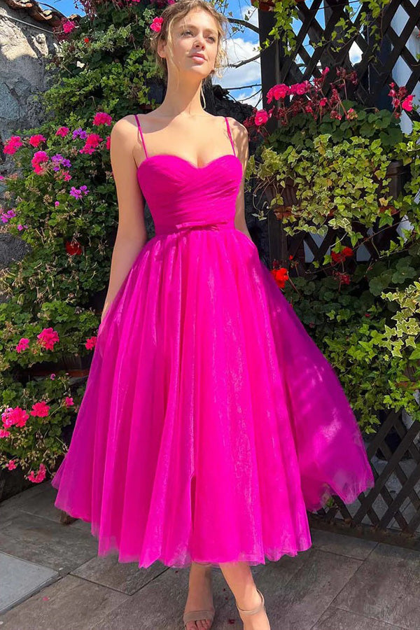 Sweetheart Tea Length Hot Pink Prom Dress Simple Prom Dress PSK565