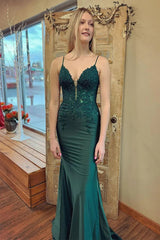 V Neck Satin Mermaid Dark Green Long Prom Dress with Appliques PSK607
