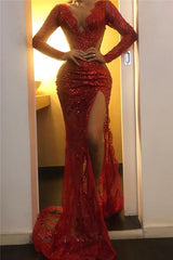 Long Sleeves Mermaid V-neck Backless Sequined Prom Dress with slit